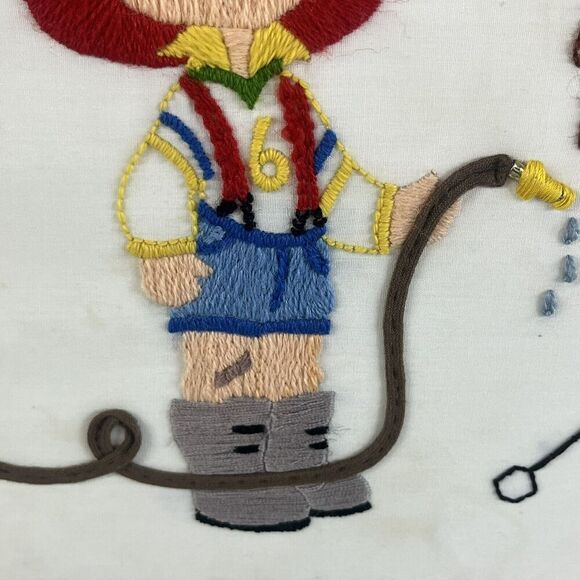 Vintage Framed Crewel Embroidery Picture Fireman Young Boy Wagon Dog "Smile" - Picture 3 of 11